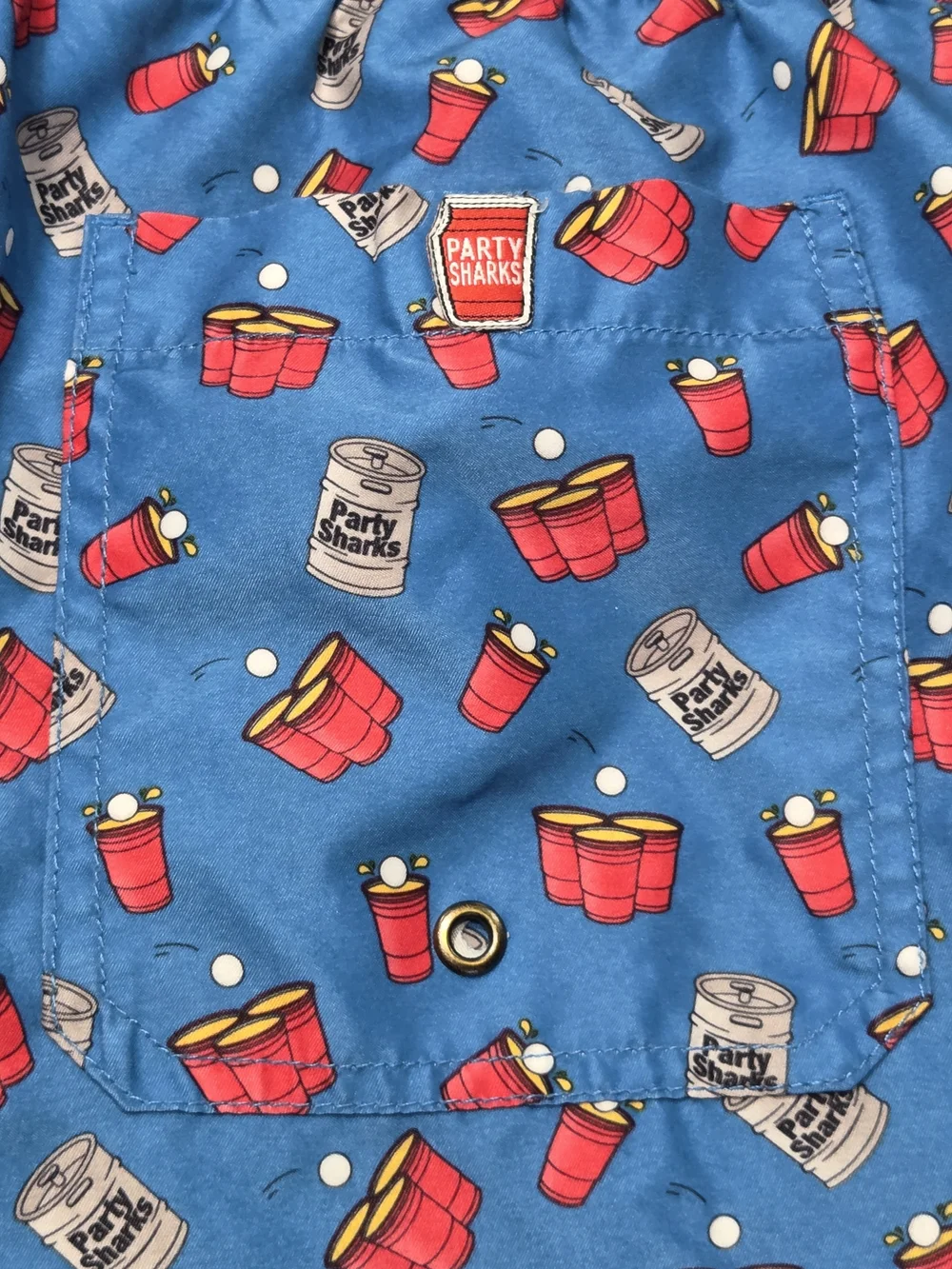 Party Sharks Swim Trunks Men's Blue Printed Swim Trunks with Fun Red Cup Pattern - Picture 9 of 9